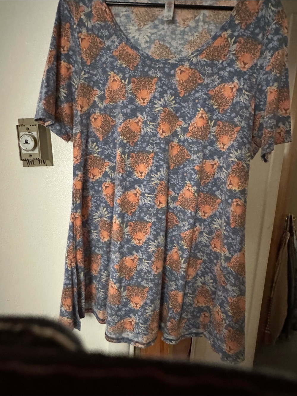 LuLaRoe Blue and Orange Leopard Heads Scoop Neck Tunic